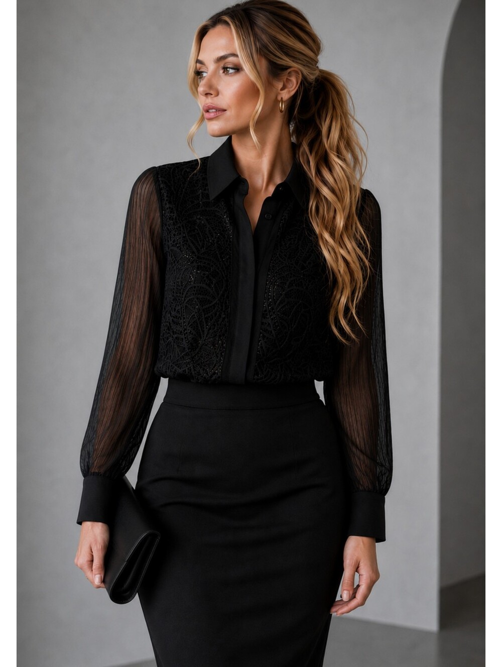 Robert Graham 100% Silk Black Lace Blouse Sheer Crinkl3 Sleeves Size M